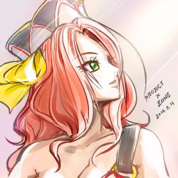 Rule 34 | 1girl, 2016, bare shoulders, breasts, cleavage, copyright name, dated, green eyes, haruyama kazunori, hat, kouryuuji mii, long hair, looking to the side, project x zone, red hair, simple background, solo