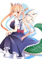 Rule 34 | 10s, 1girl, ascot, black dress, black wings, blonde hair, breasts, collared shirt, cowboy shot, dragon girl, dragon horns, dragon tail, dragon wings, dress, dress shirt, fang, frills, gloves, gradient eyes, gradient hair, hair between eyes, hand up, horns, kobayashi-san chi no maidragon, large breasts, long hair, looking at viewer, maid, maid headdress, medium breasts, minato yu, multicolored eyes, multicolored hair, necktie, open mouth, orange eyes, orange hair, puffy short sleeves, puffy sleeves, red ascot, red eyes, red necktie, sash, scales, shirt, short sleeves, sidelocks, skirt, skirt hold, sleeveless, sleeveless dress, smile, solo, standing, tail, tohru (maidragon), twintails, very long hair, white shirt, wings, yellow eyes