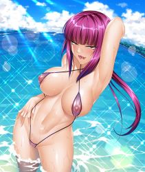 Rule 34 | 00s, 1girl, :q, arm behind head, armpits, beach, bikini, breasts, cameltoe, cloud, collarbone, contrapposto, covered erect nipples, curvy, day, female focus, fingernails, hand on own hip, highres, horizon, kagami hirotaka, large breasts, lens flare, licking lips, light rays, lilith-soft, linea alba, lipstick, long hair, looking at viewer, makeup, naughty face, navel, nipples, oboro (taimanin asagi), ocean, outdoors, ponytail, purple eyes, purple hair, pussy, sand, see-through, shiny skin, sidelocks, skindentation, sky, slingshot swimsuit, smile, solo, standing, sunbeam, sunlight, sweat, swimsuit, taimanin (series), taimanin asagi, taimanin asagi kessen arena, thighs, tongue, tongue out, water, waves, wide hips