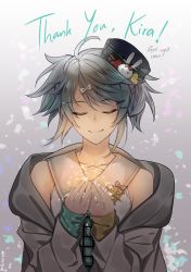 Rule 34 | 1boy, ahoge, bare shoulders, closed mouth, collarbone, commentary request, crop top, english text, closed eyes, facing viewer, green hair, hair ornament, hairclip, hat, hat pin, highres, holostars, jacket, kagami kira, long sleeves, male focus, necktie, smile, solo, thank you, trap, tsukky, upper body, virtual youtuber