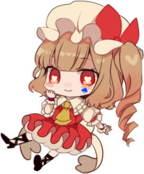 Rule 34 | 1girl, ascot, black footwear, blonde hair, blush stickers, bow, chibi, cross-laced footwear, daimaou ruaeru, flandre scarlet, frilled shirt collar, frills, full body, hand up, hat, hat bow, heart, heart-shaped pupils, high heels, long hair, looking at viewer, lowres, mob cap, one side up, petticoat, puffy short sleeves, puffy sleeves, red bow, red eyes, red skirt, red vest, shirt, short sleeves, simple background, skirt, smile, solo, spade (shape), symbol-shaped pupils, touhou, vest, white background, white hat, white shirt, wrist cuffs, yellow ascot