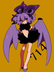 Rule 34 | 1girl, black gloves, breasts, cleavage, creatures (company), full body, game freak, gen 6 pokemon, gloves, long sleeves, looking to the side, medium breasts, medium hair, nervous smile, nintendo, noibat, orange eyes, personification, pokedex number, pokemon, puffy shorts, purple footwear, purple hair, sameyama jiro, shorts, signature, simple background, smile, solo, standing, yellow background
