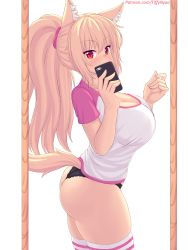 Rule 34 | 1girl, animal ear fluff, animal ears, ass, black panties, blonde hair, blush, breasts, cat ears, cat girl, cat tail, cellphone, cleavage, commentary, english commentary, from side, hair ornament, hair scrunchie, highres, holding, holding phone, large breasts, long hair, looking at viewer, no pants, nottytiffy, original, panties, patreon username, phone, pink scrunchie, ponytail, red eyes, scrunchie, selfie, shirt, short sleeves, slit pupils, smartphone, solo, t-shirt, tail, thighhighs, thighs, tiffy (nottytiffy), underwear, white shirt