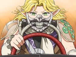 Rule 34 | 1girl, blonde hair, driving, fusion, green eyes, immortan joe, long hair, looking at viewer, mad max, mad max: fury road, mask, mizuhashi parsee, mouth mask, pointy ears, scarf, shirosato, shoulder pads, solo, touhou, upper body, white scarf, wide-eyed