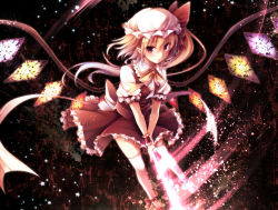 Rule 34 | 1girl, :o, alternate wings, blonde hair, embodiment of scarlet devil, female focus, flandre scarlet, glowing, glowing weapon, hat, looking at viewer, pointy ears, red eyes, side ponytail, solo, thighhighs, toosaka asagi, touhou, v arms, weapon, white thighhighs, wings, wrist cuffs, zettai ryouiki