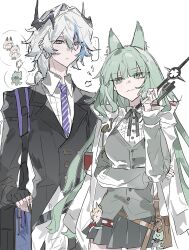 Rule 34 | ..., 1boy, 1girl, absurdres, animal ear fluff, animal ears, arknights, bag, blue hair, bow, closed mouth, commentary request, gexingdeng235, green eyes, green hair, grey bow, grey hair, grey skirt, grey vest, hair between eyes, hair intakes, hand up, harmonie (arknights), highres, horns, charm (object), long hair, multicolored hair, pleated skirt, puzzle (arknights), shirt, simple background, skirt, smile, spoken ellipsis, streaked hair, very long hair, vest, white background, white shirt