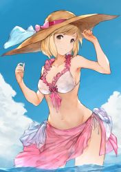 Rule 34 | 10s, 1girl, absurdres, arm up, armpits, bare shoulders, bikini, blonde hair, blue sky, bow, breasts, brown eyes, cleavage, cloud, day, djeeta (granblue fantasy), frilled bikini, frills, granblue fantasy, hand on headwear, hat, hat bow, heart, highres, looking at viewer, medium breasts, navel, pink bikini, pink bow, pink ribbon, ribbon, sarong, see-through, short hair, sky, smile, solo, sun hat, swimsuit, wading, water, wind, yashigaras