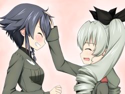 Rule 34 | 10s, 2girls, ^ ^, anchovy (girls und panzer), black hair, black ribbon, black shirt, blush, braid, breasts, closed eyes, drill hair, eyebrows, girls und panzer, green hair, grey jacket, hair between eyes, hair ornament, hair ribbon, hand in own hair, hand on another&#039;s head, happy, headpat, height difference, jacket, long hair, military, military uniform, multiple girls, open mouth, pepperoni (girls und panzer), pink background, red eyes, ribbon, ruka (piyopiyopu), shirt, short hair, side braid, simple background, smile, twin drills, twintails, uniform