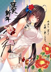 Rule 34 | 1girl, akagi rio, bare shoulders, black panties, breasts, brown hair, china dress, chinese clothes, clothes lift, covered erect nipples, dress, dress lift, flower, garter straps, hair flower, hair ornament, hair tie, halter dress, halterneck, highres, large breasts, legs apart, nail polish, navel, original, panties, panty peek, red eyes, seductive smile, see-through, smile, solo, string panties, thighhighs, twintails, underwear, white thighhighs