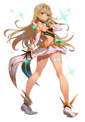 Rule 34 | 1girl, absurdres, armor, arutera, bare back, blonde hair, breasts, cleavage cutout, clothing cutout, earrings, fingerless gloves, from behind, full body, gem, gloves, headpiece, highres, jewelry, large breasts, legs, long hair, mythra (xenoblade), nintendo, shoulder armor, smile, solo, swept bangs, thigh strap, tiara, xenoblade chronicles (series), xenoblade chronicles 2, yellow eyes