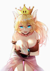 Rule 34 | 1girl, absurdres, armlet, bare shoulders, blonde hair, blue eyes, blue gemstone, blush, bowsette, bracelet, breasts, cleavage, collar, collarbone, covering one breast, covering privates, cowboy shot, crown, gem, hair between eyes, hand on breast, hand on own chest, highres, horns, huge filesize, jewelry, koi han, large breasts, leotard, long hair, looking at viewer, mario (series), new super mario bros. u deluxe, nintendo, open mouth, ponytail, see-through, sharp teeth, simple background, slit pupils, smile, solo, spiked armlet, spiked bracelet, spiked collar, spikes, standing, super crown, teeth, white background