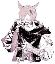 Rule 34 | 1boy, ^ ^, animal ears, black gloves, black scarf, blush, braid, braided ponytail, cat ears, closed eyes, commentary, cropped torso, dated, elbow gloves, facial mark, facing viewer, final fantasy, final fantasy xiv, fingerless gloves, g&#039;raha tia, gloves, hair ornament, hand on own chest, hand on own face, hatching (texture), itowo (itowc), jacket, jewelry, laughing, low ponytail, male focus, miqo&#039;te, monochrome, neck tattoo, open mouth, pendant, red hair, scarf, short hair, short ponytail, signature, simple background, single braid, smile, solo, swept bangs, tattoo, upper body, white background, x hair ornament