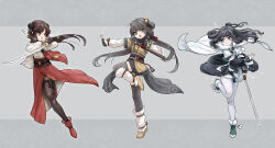 Rule 34 | 3girls, :d, absurdres, bell, black gloves, black hair, black pantyhose, black thighhighs, boots, brown eyes, brown footwear, chinese clothes, closed mouth, commentary request, fingerless gloves, gloves, grey background, grey eyes, highres, holding, holding sword, holding weapon, japanese clothes, jian (weapon), jingle bell, kimono, long sleeves, multiple girls, obi, open mouth, original, outstretched arm, pantyhose, puffy long sleeves, puffy sleeves, red footwear, red skirt, sash, shirt, shoes, short eyebrows, skirt, smile, standing, standing on one leg, sword, thick eyebrows, thighhighs, tonfa, v-shaped eyebrows, weapon, white kimono, white pantyhose, white ph, white shirt