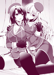 Rule 34 | 10s, 2girls, atago (kancolle), beret, blush, breasts, cameltoe, cleavage, garter straps, gloves, holding hands, hand on another&#039;s shoulder, hat, ishigami kazui, kantai collection, large breasts, long hair, military, military uniform, monochrome, multiple girls, open mouth, panties, pantyhose, saliva, short hair, sitting, skirt, sweat, takao (kancolle), thighhighs, underwear, uniform, yuri
