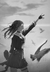 Rule 34 | 1girl, arm up, bird, black choker, black gloves, blurry, choker, closed mouth, commentary request, depth of field, from side, gloves, grey headwear, grey shirt, grey skirt, greyscale, hat, highres, holding, holding clothes, holding hat, hololive, horizon, hoshimachi suisei, hoshimachi suisei (1st costume), jacket, long hair, long sleeves, monochrome, outdoors, partially fingerless gloves, plaid, plaid headwear, plaid jacket, satellite999, shirt, side ponytail, skirt, smile, sunset, thigh strap, unworn headwear, upper body, virtual youtuber