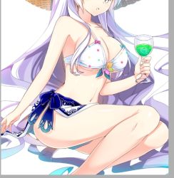 Rule 34 | 1girl, bare shoulders, bikini, breasts, cup, hat, head out of frame, light purple hair, long hair, navel, nyori, original, sarong, simple background, solo, straw hat, swimsuit, very long hair