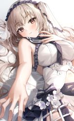 Rule 34 | 1girl, azur lane, bad id, bad pixiv id, bare arms, bed sheet, black neckerchief, black sailor collar, blush, breasts, closed mouth, clothing cutout, commentary, dress, formidable (azur lane), formidable (timeless classics) (azur lane), hand on own chest, hand up, highres, large breasts, long hair, looking at viewer, lying, midriff, minttchocok, navel, neckerchief, official alternate costume, on back, red eyes, sailor collar, simple background, sleeveless, sleeveless dress, solo, stomach cutout, twintails, veil, white background, white dress, white hair