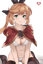 Rule 34 | 1girl, absurdres, bikini, black bow, blush, bow, breasts, brown thighhighs, capelet, clarisse (granblue fantasy), cleavage, granblue fantasy, green eyes, hair bow, hair pulled back, highres, iiros, long hair, looking at viewer, medium breasts, navel, orange hair, ponytail, red capelet, sitting, solo, swimsuit, thighhighs, wariza, white bikini