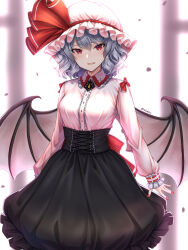 Rule 34 | 1girl, absurdres, bat wings, blue hair, blurry, blurry background, commentary request, frilled hat, frills, hat, highres, long sleeves, looking at viewer, mitama mudimudi, mob cap, pink shirt, puffy long sleeves, puffy sleeves, red eyes, red nails, remilia scarlet, shirt, smile, solo, touhou, twitter username, wings
