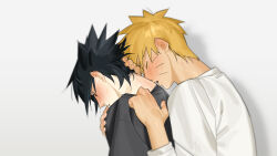 Rule 34 | 2boys, black hair, black shirt, blonde hair, blurry, blush, closed eyes, commentary request, depth of field, ear blush, from side, guinea no akuma, hand on another&#039;s back, hand on another&#039;s nape, hand on own shoulder, head down, highres, korean commentary, leaning forward, looking down, male focus, multiple boys, naruto, naruto (series), parted lips, shirt, short hair, simple background, sweat, uchiha sasuke, uzumaki naruto, white background, white shirt, yaoi