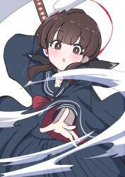 1girl :o absurdres black_bow black_shirt black_skirt blunt_bangs blush bow brown_eyes brown_hair commentary dress giorgio_(yo_sumire_sola1) hair_bow halo highres holding holding_sword holding_weapon long_skirt long_sleeves medium_hair neckerchief ohitome_kohane project_kv red_halo red_neckerchief sailor_collar school_uniform serafuku shirt sidelocks skirt sleeves_past_wrists solo sword twintails weapon white_background wide_sleeves wind