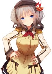 Rule 34 | 10s, 1girl, apron, beret, blue eyes, breasts, contrapposto, epaulettes, frilled sleeves, frills, hands on own hips, hat, kantai collection, kashima (kancolle), kerchief, large breasts, long sleeves, looking at viewer, military, military uniform, miniskirt, no eyewear, pleated skirt, red ribbon, ribbon, rizky (strated), sidelocks, silver hair, simple background, skirt, smile, solo, standing, tsurime, twintails, uniform, wavy hair, white background