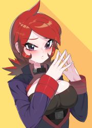 Rule 34 | 1girl, blush, breasts, cleavage, closed mouth, commentary, cowlick, creatures (company), drunkoak, eyelashes, game freak, genderswap, genderswap (mtf), hands up, highres, jacket, logo, long hair, long sleeves, looking at viewer, nintendo, own hands together, pokemon, pokemon hgss, purple jacket, red hair, silver (pokemon), solo, steepled fingers, sweat, upper body
