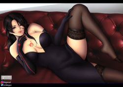 Rule 34 | 1girl, artist name, black hair, breasts, cleavage, couch, elbow gloves, fullmetal alchemist, gloves, hand on own chest, hand on own thigh, highres, homunculus, instagram username, leg up, long hair, looking at viewer, lust (fma), lying, ningyon mereman, red eyes, solo, tattoo, thighhighs, thighs, twitter username