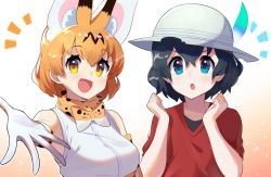 Rule 34 | 2girls, animal ears, bad id, bad twitter id, bare shoulders, black hair, blonde hair, blue eyes, bow, bowtie, commentary request, commission, elbow gloves, extra ears, gloves, helmet, highres, kaban (kemono friends), kemono friends, multiple girls, pith helmet, print gloves, print neckwear, red shirt, serval (kemono friends), serval print, shirt, short hair, sleeveless, t-shirt, takom, traditional bowtie, white shirt, yellow eyes