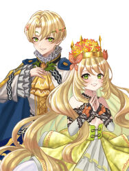 Rule 34 | 1boy, 1girl, alfred (fire emblem), bare shoulders, blonde hair, brother and sister, celine (fire emblem), crown, dress, fire emblem, fire emblem engage, green eyes, grin, highres, long hair, long sleeves, looking at viewer, nintendo, own hands together, shirt, short hair, siblings, simple background, smile, upper body, very long hair, white background, white shirt, wide sleeves, zqzbq