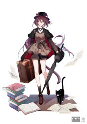 Rule 34 | absurdres, animal ears, arknights, belt, black capelet, black cat, black coat, black gloves, black headwear, black neckwear, black shorts, black umbrella, book, book stack, bow, bowtie, briefcase, brown dress, brown hair, brown legwear, capelet, cat, cat ears, cat girl, cat tail, coat, dress, ears through headwear, fedora, gloves, half gloves, hat, high heels, highres, holding, jewelry, looking at viewer, low ponytail, melantha (arknights), melantha (letters from wessex) (arknights), namazuoku, necklace, official alternate costume, open clothes, open coat, open mouth, plaid capelet, ponytail, ribbon, short hair, shorts, simple background, socks, standing, suitcase, tail, umbrella, undershirt, white background