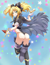 Rule 34 | 1girl, absurdres, ass, back, black bow, black thighhighs, blonde hair, blue background, blue eyes, boots, bow, clam curry, fang, frilled bow, frilled gloves, frilled sleeves, frills, gloves, hair bow, high school dxd, highres, holding, holding sword, holding weapon, hourglass, large bow, mittelt, platform boots, platform footwear, ribbon, see-through, smile, solo, star (symbol), starry background, sword, thigh boots, thighhighs, thong, tsurime, twintails, weapon, white gloves
