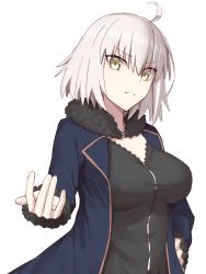 Rule 34 | 1girl, ahoge, blue jacket, breasts, commentary request, elfenlied22, fate/grand order, fate (series), frown, fur collar, highres, jacket, jeanne d&#039;arc (fate), jeanne d&#039;arc alter (fate), jeanne d&#039;arc alter (ver. shinjuku 1999) (fate), large breasts, looking at viewer, official alternate costume, short hair, silver hair, simple background, solo, white background, yellow eyes