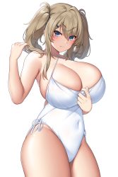 Rule 34 | 1girl, absurdres, blue eyes, blush, breasts, brown hair, bursting breasts, casual one-piece swimsuit, cleavage, cleavage reach, commentary request, commission, covered navel, cowboy shot, curvy, frown, halterneck, highres, huge breasts, long hair, looking at viewer, one-piece swimsuit, original, side-tie swimsuit, simple background, skeb commission, solo, suruga (xsurugax), swimsuit, thick thighs, thighs, twintails, undersized clothes, white background, white one-piece swimsuit