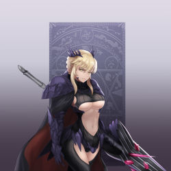 Rule 34 | 1girl, absurdres, armor, artoria pendragon (fate), artoria pendragon (lancer alter) (fate), blonde hair, braid, breasts, cape, cleavage, commentary, fate/grand order, fate (series), gauntlets, hair between eyes, highres, holding, holding lance, holding polearm, holding weapon, lance, large breasts, long hair, looking at viewer, navel, nayamer, polearm, shoulder armor, sidelocks, solo, weapon, yellow eyes