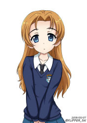 Rule 34 | 10s, 1girl, alternate hairstyle, black necktie, blue eyes, blue sweater, commentary, dated, dress shirt, emblem, flipper, girls und panzer, hair down, long hair, long sleeves, looking at viewer, loose necktie, necktie, one-hour drawing challenge, orange pekoe (girls und panzer), parted bangs, parted lips, school uniform, shirt, simple background, solo, st. gloriana&#039;s (emblem), st. gloriana&#039;s school uniform, standing, sweater, twitter username, upper body, v-neck, v arms, white background, white shirt, wing collar