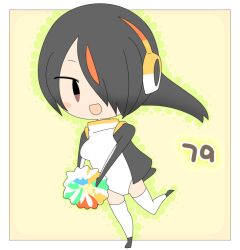 Rule 34 | 1girl, black hair, black jacket, blush stickers, breasts, brown eyes, chibi, commentary request, emperor penguin (kemono friends), full body, hair between eyes, hair over one eye, headphones, holding, holding pom poms, jacket, kemono friends, lets0020, long bangs, medium breasts, multicolored hair, numbered, one-piece swimsuit, open clothes, open jacket, open mouth, orange hair, pom pom (cheerleading), pom poms, short hair, smile, solo, streaked hair, swimsuit, thighhighs, walking, white one-piece swimsuit, white thighhighs, yellow background