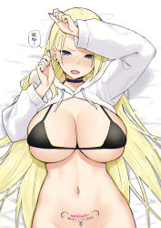 Rule 34 | 1girl, arms up, bed sheet, bikini, black bikini, black choker, blonde hair, blue eyes, blush, body writing, bottomless, breasts, choker, rena (sky-freedom), cleavage, commentary, covered erect nipples, drawstring, earrings, embarrassed, eyes visible through hair, fang, fingernails, groin, highres, hood, hood down, jewelry, long fingernails, long hair, long sleeves, looking at viewer, lying, milestone celebration, navel, on back, open mouth, original, out-of-frame censoring, pubic tattoo, shrug (clothing), skin fang, sky-freedom, solo, stud earrings, swimsuit, tattoo, translated, very long hair