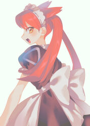 1girl :d apron bow commentary_request creatures_(company) dress eyelashes game_freak gen_3_pokemon happy highres kado_51 latias latias_(human)_(pokemon_adventures) legendary_pokemon long_hair nintendo open_mouth pokemon pokemon_adventures red_hair short_sleeves simple_background smile solo tongue twintails waist_apron white_background yellow_eyes