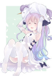 Rule 34 | 1girl, :d, ^ ^, absurdres, ahoge, armpits, arms up, azur lane, closed eyes, commentary request, detached sleeves, dress, hair ribbon, highres, jigsaw (iori), long hair, open mouth, purple hair, ribbon, sitting, smile, solo, stuffed animal, stuffed toy, stuffed unicorn, stuffed winged unicorn, unicorn (azur lane), white dress