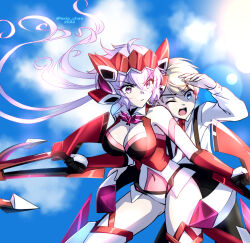 Rule 34 | 1boy, 1girl, axia-chan, bare shoulders, blonde hair, blue eyes, bodysuit, bow (weapon), breasts, character request, cleavage, closed mouth, crossbow, grey hair, headgear, headphones, holding, holding crossbow, holding weapon, large breasts, leopold (symphogear), long hair, long sleeves, one eye closed, purple eyes, red bodysuit, senki zesshou symphogear, senki zesshou symphogear xd unlimited, shirt, short hair, suspenders, twintails, weapon, white shirt, yukine chris