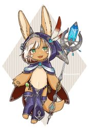 Rule 34 | 1other, :3, ambiguous gender, animal ears, artist name, bad id, bad twitter id, blush, full body, furry, green eyes, highres, holding, holding staff, kawasemi27, looking at viewer, made in abyss, nanachi (made in abyss), open mouth, short hair, smile, solo, staff, tail, twitter username, whiskers, white hair