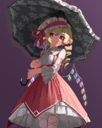 Rule 34 | 1girl, :/, adapted costume, black umbrella, blonde hair, blush, breasts, center frills, closed mouth, commentary request, crystal, dress, feet out of frame, flandre scarlet, floral print, frills, gradient background, hair ribbon, hairband, highres, holding, holding umbrella, leg ribbon, lolita fashion, lolita hairband, long sleeves, looking at viewer, nail polish, one side up, pink nails, purple background, red dress, red eyes, red hairband, red ribbon, ribbon, short hair, simple background, single drill, slit pupils, small breasts, solo, standing, touhou, umbrella, wings, zakozako y