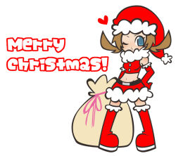 1girl alternate_costume belt black_belt blue_eyes blush boots breasts brown_hair buttons christmas covered_mouth creatures_(company) dress elbow_gloves fur-trimmed_dress fur-trimmed_headwear fur_collar fur_trim game_freak gloves hat heart looking_at_viewer lyra_(pokemon) medium_breasts merry_christmas navel nintendo one_eye_closed pokemon pokemon_hgss red_footwear red_gloves red_hat runaka sack santa_boots santa_costume santa_dress santa_gloves santa_hat shoulder_blush simple_background solo thigh_boots thighhighs toon_(style) twintails