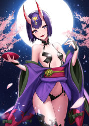 Rule 34 | 1girl, :d, absurdres, bare shoulders, branch, breasts, cherry blossoms, collarbone, commentary request, cowboy shot, cup, eyeliner, eyes visible through hair, fangs, fate/grand order, fate (series), full moon, glint, highres, holding, horns, japanese clothes, kimono, makeup, moon, navel, night, night sky, obi, off shoulder, oni, open mouth, petals, ppower (lu power), purple eyes, purple hair, purple kimono, revealing clothes, sakazuki, sash, short eyebrows, short hair, shuten douji (fate), skin-covered horns, sky, small breasts, smile, solo, sparkle, star (sky), starry sky, thighs, twitter username, wide sleeves