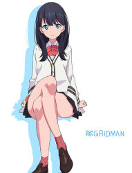 Rule 34 | 10s, 1girl, black hair, blue eyes, copyright name, crossed legs, domo1220, gridman universe, loafers, long hair, looking at viewer, pleated skirt, red socks, shoes, simple background, sitting, skirt, socks, solo, ssss.gridman, takarada rikka, thighs