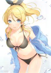Rule 34 | 1girl, 6u (eternal land), absurdres, ayase eli, bare shoulders, bikini, black bikini, blonde hair, blue eyes, blush, breasts, clothes down, collarbone, front-tie top, groin, hair between eyes, hair ribbon, highres, hood, hooded track jacket, jacket, leaning forward, long hair, looking at viewer, love live!, love live! school idol festival, love live! school idol project, medium breasts, navel, open mouth, parted lips, ponytail, ribbon, scrunchie, smile, solo, sparkle, swimsuit, track jacket