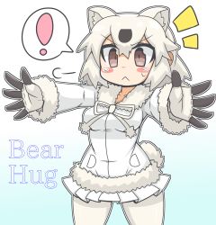 Rule 34 | 1girl, :&lt;, puff of air, animal ears, bear ears, bear girl, bear tail, beckoning, black hair, blush stickers, brown eyes, chibi, english text, extra ears, fur-trimmed jacket, fur-trimmed sleeves, fur collar, fur trim, gloves, hair between eyes, jacket, kemono friends, long sleeves, looking at viewer, medium hair, microskirt, multicolored hair, outline, outstretched arms, outstretched hand, pantyhose, pleated skirt, polar bear (kemono friends), sidelocks, skirt, solo, spread arms, spread fingers, tail, two-tone hair, v-shaped eyebrows, white hair, white jacket, white pantyhose, white skirt, wirou