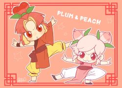 Rule 34 | 1boy, 1girl, brother and sister, character name, chibi, chinese clothes, cookie run, double bun, hair bun, multicolored hair, pants, parody, peach cookie, pelvic curtain, personification, plum cookie, shiro (tiotolv), short sleeves, siblings, signature, single sleeve, smile, topknot, two-tone hair, vocaloid, yellow pants, yi er fan club (vocaloid)