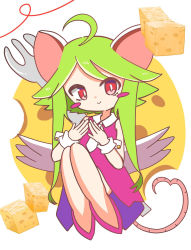 Rule 34 | 1girl, ahoge, animal ears, blush stickers, cheese, food, fork, green hair, highres, leotard, mad rat dead, mouse (animal), mouse ears, mouse girl, mouse tail, nippon ichi, rat god, red eyes, tail, tie clip, wings, wrist cuffs